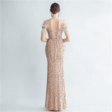 Sequin + Feather Side Slit Corset Evening Dress