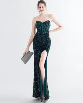 Sequin Bustier Strapless Side Slit Evening Dress