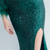 Sequin + Feather One Shoulder Side Slit Long Sleeve Evening Dress