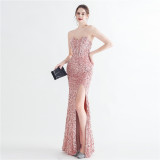 Sequin Bustier Strapless Side Slit Evening Dress