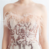 Sequin + Feather Strapless Mermaid Evening Dress
