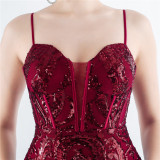 Sequin + Bead Fringe Irregular Strap Evening Dress