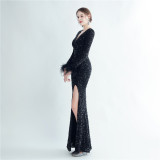 Sequin + Feather Long Sleeves V-Neck Side Slit Evening Dress
