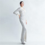 Sequin + Feather One Shoulder Side Slit Long Sleeve Evening Dress
