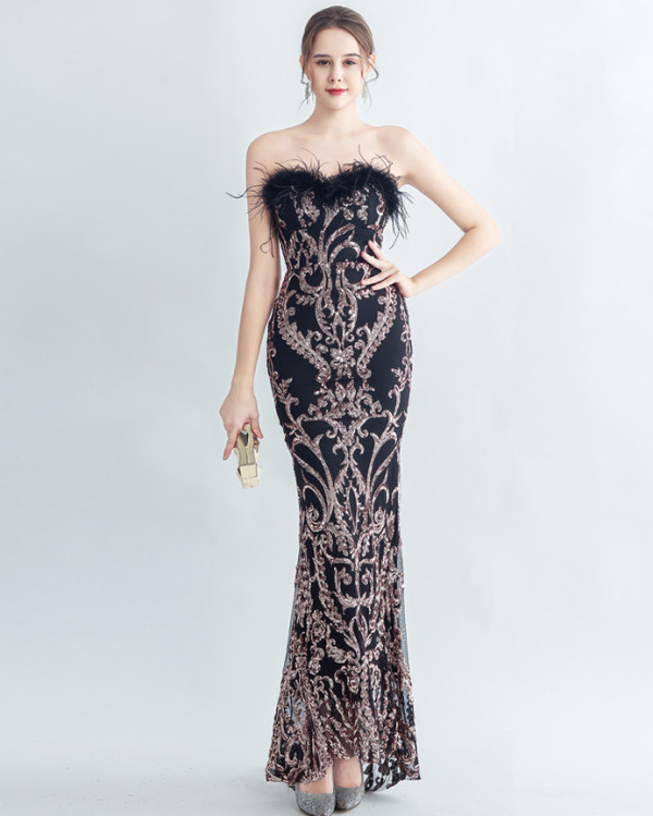 Sequin + Feather Strapless Mermaid Evening Dress