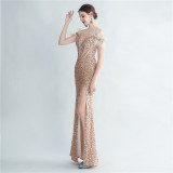 Sequin + Feather Side Slit Corset Evening Dress
