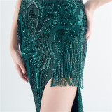 Sequin + Bead Fringe Irregular Strap Evening Dress