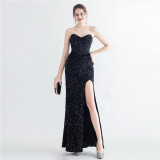 Sequin Bustier Strapless Side Slit Evening Dress