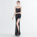 Sequin Bustier Strapless Side Slit Evening Dress
