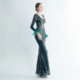 Feather + Sequin Long Sleeves V-Neck Fishtail Evening Dress