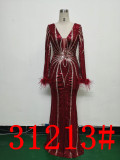 Feather + Sequin Long Sleeves V-Neck Fishtail Evening Dress