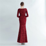 Sequin + Feather Long Sleeves V-Neck Side Slit Evening Dress