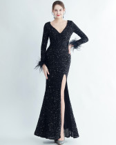 Sequin + Feather Long Sleeves V-Neck Side Slit Evening Dress