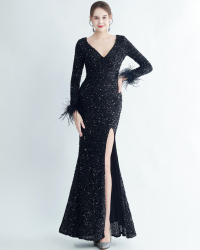 Sequin + Feather Long Sleeves V-Neck Side Slit Evening Dress
