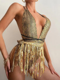 Deep-V One-Piece Fringe Swimwear