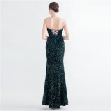 Sequin Bustier Strapless Side Slit Evening Dress