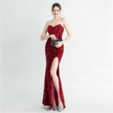Sequin Bustier Strapless Side Slit Evening Dress