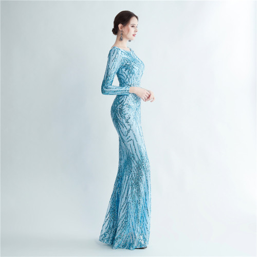 Sequined Long Sleeves High Cut Party Evening Dress
