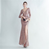 Sequin + Feather Long Sleeves V-Neck Side Slit Evening Dress