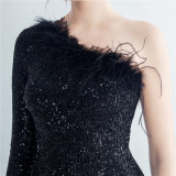 Sequin + Feather One Shoulder Side Slit Long Sleeve Evening Dress