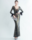 Feather + Sequin Long Sleeves V-Neck Fishtail Evening Dress