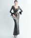 Feather + Sequin Long Sleeves V-Neck Fishtail Evening Dress
