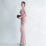 Sequin + Feather Side Slit Corset Evening Dress