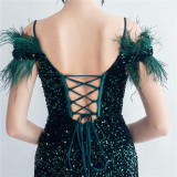 Sequin + Feather Side Slit Corset Evening Dress