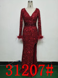 Sequin + Feather Long Sleeves V-Neck Side Slit Evening Dress