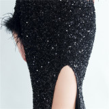 Sequin + Feather Long Sleeves V-Neck Side Slit Evening Dress