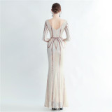 Feather + Sequin Long Sleeves V-Neck Fishtail Evening Dress