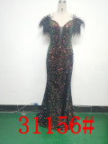 Sequin + Feather Side Slit Corset Evening Dress