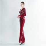 Feather + Sequin Long Sleeves V-Neck Fishtail Evening Dress