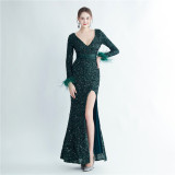 Sequin + Feather Long Sleeves V-Neck Side Slit Evening Dress