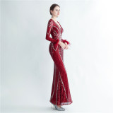 Feather + Sequin Long Sleeves V-Neck Fishtail Evening Dress
