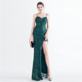 Sequin + Bead Fringe Irregular Strap Evening Dress