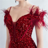 Sequin + Feather Side Slit Corset Evening Dress