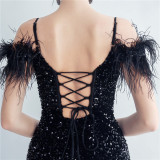 Sequin + Feather Side Slit Corset Evening Dress