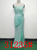 Sequin + Flower Pleated Strap Side Slit Evening Dress
