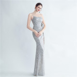 Sequin + Flower Pleated Strap Side Slit Evening Dress