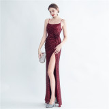 Sequin + Flower Pleated Strap Side Slit Evening Dress