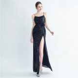 Sequin + Flower Pleated Strap Side Slit Evening Dress