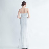 Sequin + Flower Pleated Strap Side Slit Evening Dress