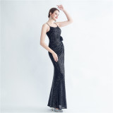 Sequin + Flower Pleated Strap Side Slit Evening Dress