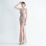 Sequin + Flower Pleated Strap Side Slit Evening Dress