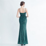 Sequin + Flower Pleated Strap Side Slit Evening Dress