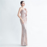 Sequin + Flower Pleated Strap Side Slit Evening Dress