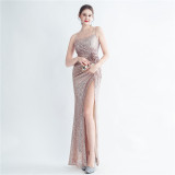 Sequin + Flower Pleated Strap Side Slit Evening Dress