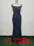 Sequin + Flower Pleated Strap Side Slit Evening Dress