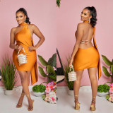 Solid Color One Shoulder Backless Chains Short Party Dress